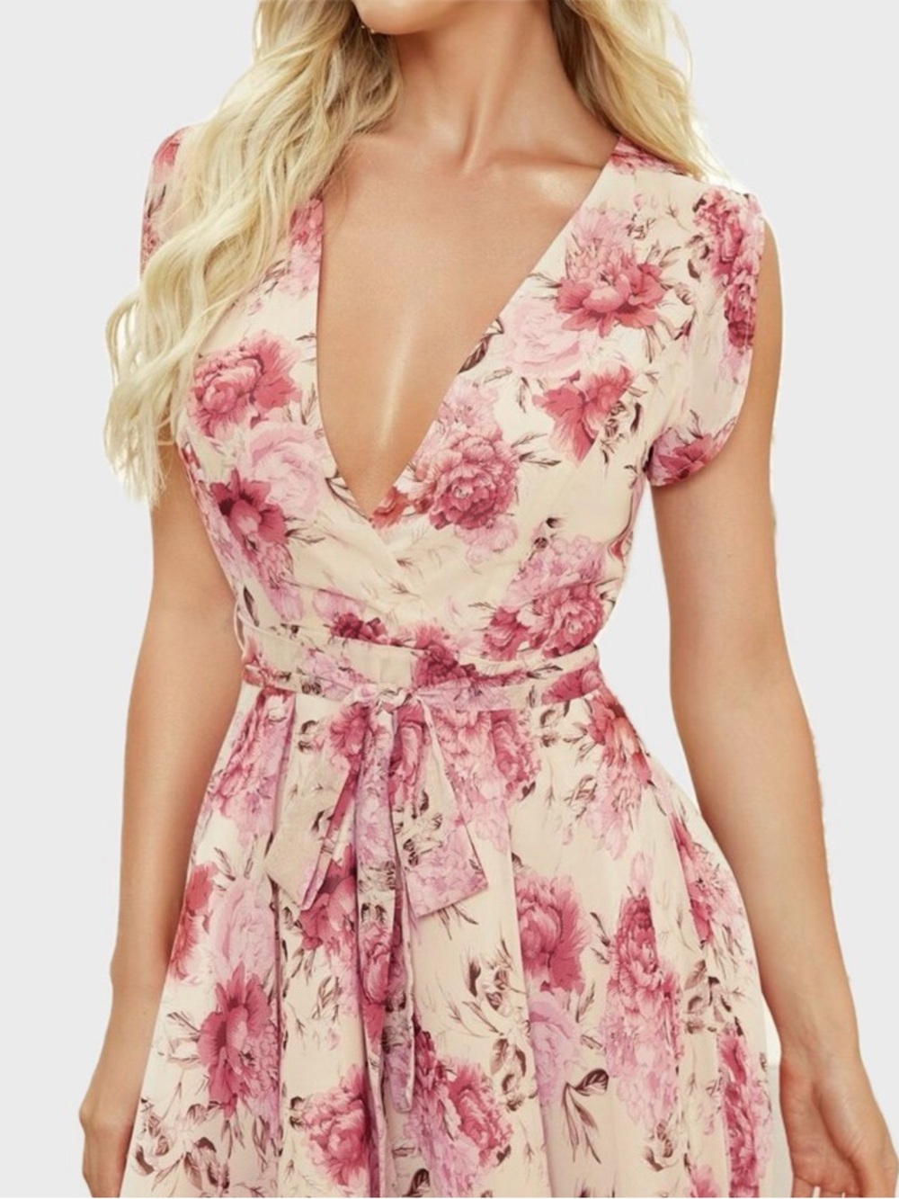High-Low V-neck Floral Chiffon Extra Long Formal Dress with Tie Bow Belt in Pink - Picture 7 of 8